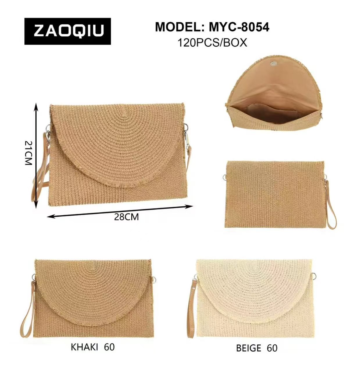 Women Boho Straw Woven Envelope Clutch Bag, Semi‑Circle Flap Fringe Trim Crossbody Purse with Detachable Wristlet & Shoulder Strap, Summer Beach Vacation Handbag, Khaki - 图片 3