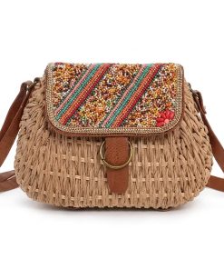 Women Boho Straw Woven Saddle Crossbody Bag, Colorful Embroidery Beaded Flap Shoulder Purse, Magnetic Buckle Casual Summer Beach Handbag, Multiple Patterns & Colors (5)