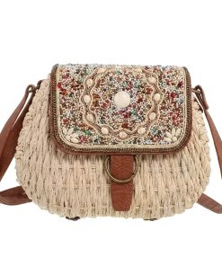 Women Boho Straw Woven Saddle Crossbody Bag, Colorful Embroidery Beaded Flap Shoulder Purse, Magnetic Buckle Casual Summer Beach Handbag, Multiple Patterns & Colors (4)