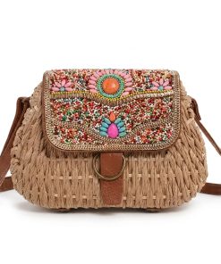 Women Boho Straw Woven Saddle Crossbody Bag, Colorful Embroidery Beaded Flap Shoulder Purse, Magnetic Buckle Casual Summer Beach Handbag, Multiple Patterns & Colors (3)