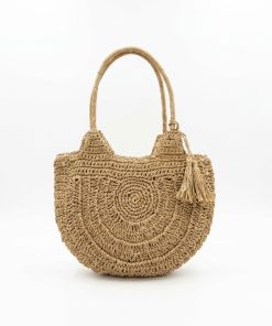 Women Boho Round Straw Tote Bag, Hand‑Woven Rattan Beach Handbag with Tassel Decor