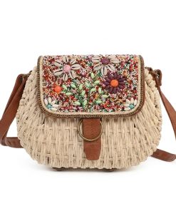 Women Boho Straw Woven Saddle Crossbody Bag, Colorful Embroidery Beaded Flap Shoulder Purse, Magnetic Buckle Casual Summer Beach Handbag, Multiple Patterns & Colors (2)
