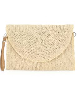 Women Boho Straw Woven Envelope Clutch Bag, Semi‑Circle Flap Fringe Trim Crossbody Purse with Detachable Wristlet & Shoulder Strap, Summer Beach Vacation Handbag, Beige
