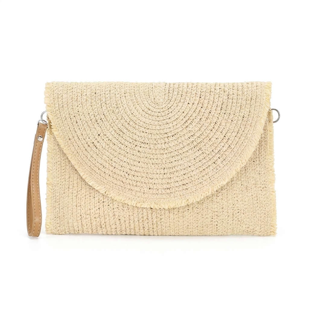 Women Boho Straw Woven Envelope Clutch Bag, Semi‑Circle Flap Fringe Trim Crossbody Purse with Detachable Wristlet & Shoulder Strap, Summer Beach Vacation Handbag, Beige
