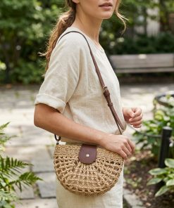 Alternative view of Women Hollow‑Out Straw Crossbody Bag, Semi‑Circle Woven Shoulder Purse with Leather Flap, Boho Summer Beach Handbag