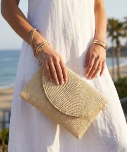 Alternative view of Women Boho Straw Woven Envelope Clutch Bag, Semi‑Circle Flap Fringe Trim Crossbody Purse with Detachable Wristlet & Shoulder Strap, Summer Beach Vacation Handbag, Beige