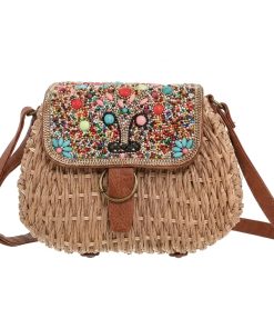 Women Boho Straw Woven Saddle Crossbody Bag, Colorful Embroidery Beaded Flap Shoulder Purse, Magnetic Buckle Casual Summer Beach Handbag, Multiple Patterns & Colors