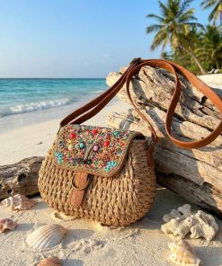 Alternative view of Women Boho Straw Woven Saddle Crossbody Bag, Colorful Embroidery Beaded Flap Shoulder Purse, Magnetic Buckle Casual Summer Beach Handbag, Multiple Patterns & Colors