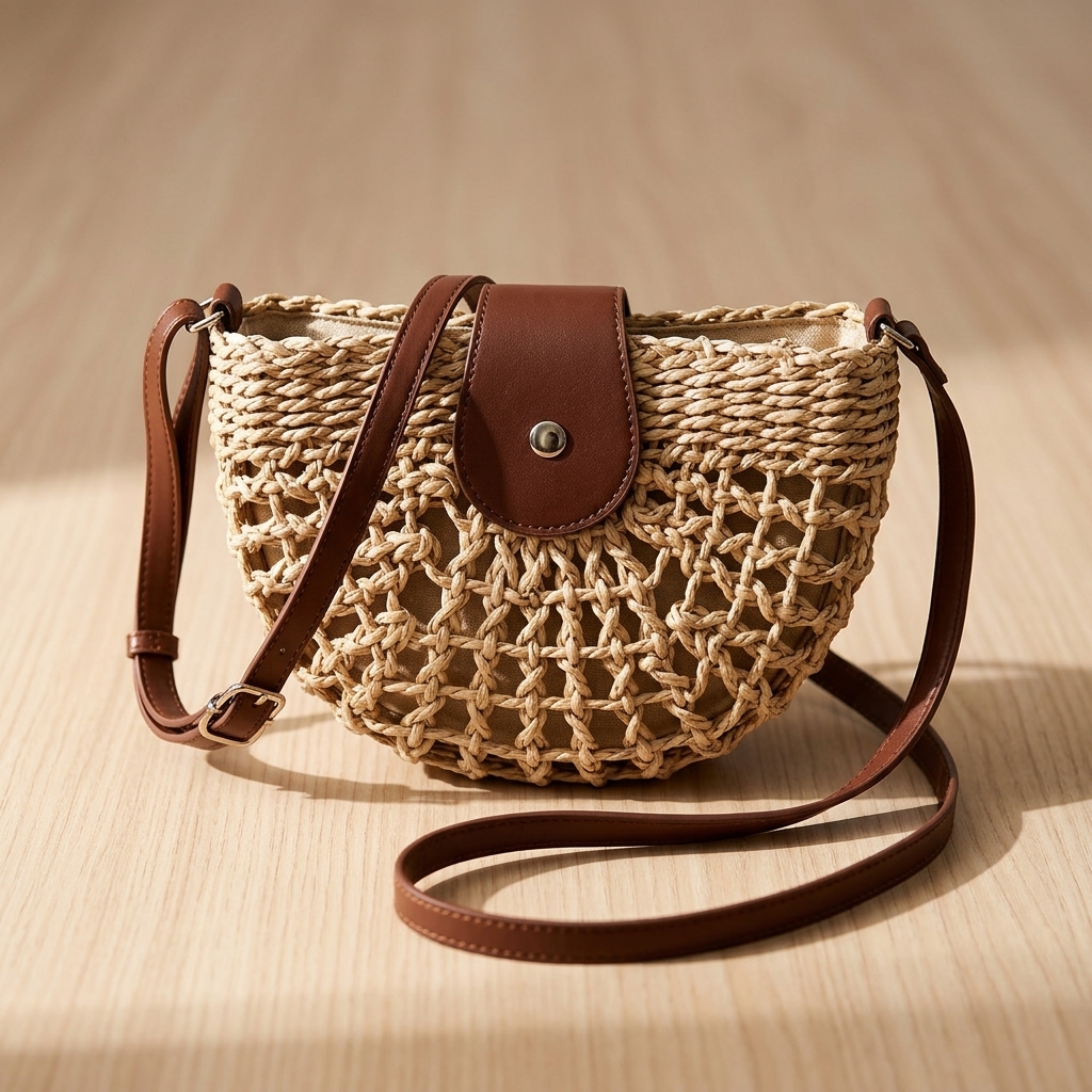 Women Hollow‑Out Straw Crossbody Bag, Semi‑Circle Woven Shoulder Purse with Leather Flap, Boho Summer Beach Handbag - 图片 4