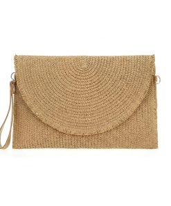 Women Boho Straw Woven Envelope Clutch Bag, Semi‑Circle Flap Fringe Trim Crossbody Purse with Detachable Wristlet & Shoulder Strap, Summer Beach Vacation Handbag, Khaki
