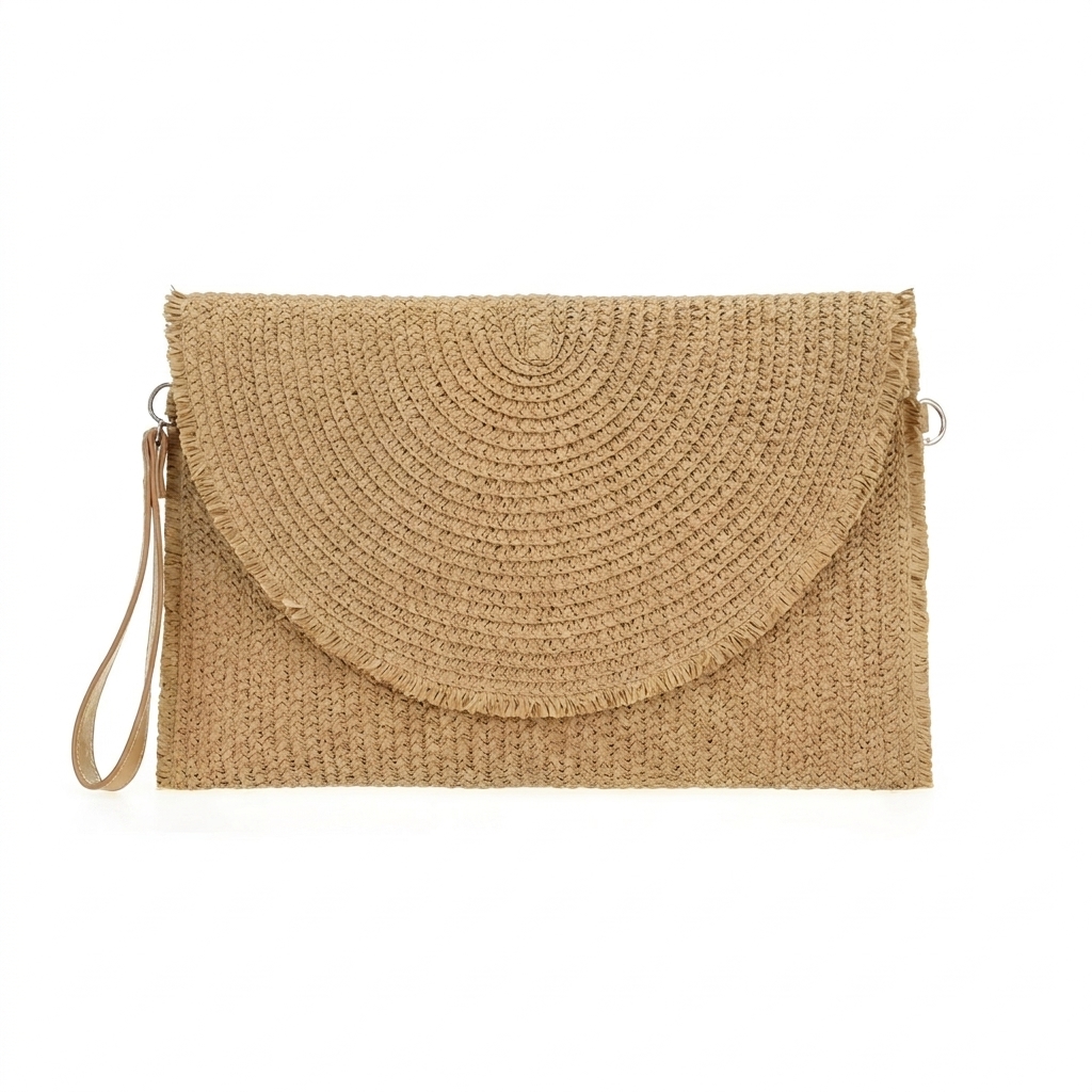 Women Boho Straw Woven Envelope Clutch Bag, Semi‑Circle Flap Fringe Trim Crossbody Purse with Detachable Wristlet & Shoulder Strap, Summer Beach Vacation Handbag, Khaki