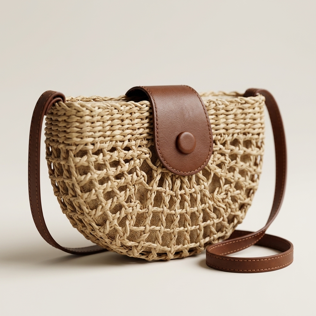 Women Hollow‑Out Straw Crossbody Bag, Semi‑Circle Woven Shoulder Purse with Leather Flap, Boho Summer Beach Handbag - 图片 3