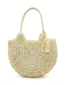 Women Boho Round Straw Tote Bag, Hand‑Woven Rattan Beach Handbag with Tassel Decor (pink) (fuse)