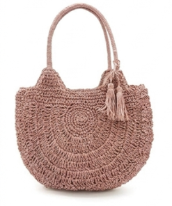 Women Boho Round Straw Tote Bag, Hand‑Woven Rattan Beach Handbag with Tassel Decor (pink)