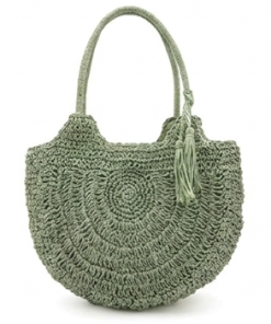 Women Boho Round Straw Tote Bag, Hand‑Woven Rattan Beach Handbag with Tassel Decor (pink) (fuse) (zongse) (green)