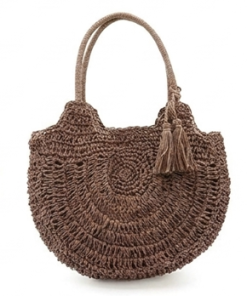 Women Boho Round Straw Tote Bag, Hand‑Woven Rattan Beach Handbag with Tassel Decor (pink) (fuse) (zongse)