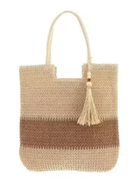 Boho Striped Straw Tote Bag for Women, Large Capacity Woven Beach Shoulder Bag with Tassel Decor, Summer Casual Handbag