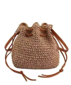 omen Straw Drawstring Bucket Bag, Woven Crossbody Shoulder Bag with Leather Strap, Boho Summer Beach Handbag (zongse)