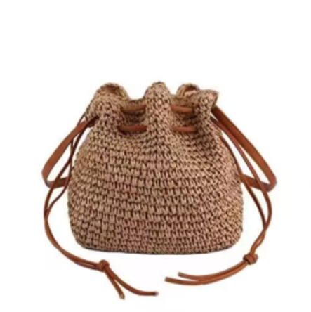 omen Straw Drawstring Bucket Bag, Woven Crossbody Shoulder Bag with Leather Strap, Boho Summer Beach Handbag (zongse)