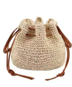 omen Straw Drawstring Bucket Bag, Woven Crossbody Shoulder Bag with Leather Strap, Boho Summer Beach Handbag