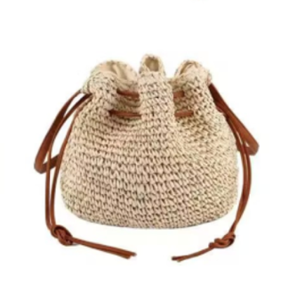 omen Straw Drawstring Bucket Bag, Woven Crossbody Shoulder Bag with Leather Strap, Boho Summer Beach Handbag