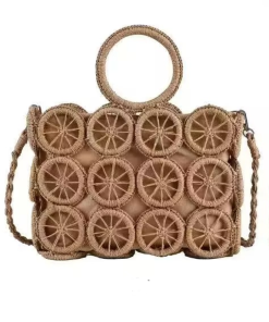 Boho Hollow Straw Woven Clutch Bag for Women, Round Ring Handle Crossbody Handbag Summer Party Purse Beige (Brown)