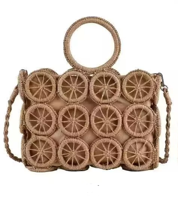 Boho Hollow Straw Woven Clutch Bag for Women, Round Ring Handle Crossbody Handbag Summer Party Purse Beige (Brown)
