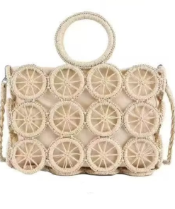Boho Hollow Straw Woven Clutch Bag for Women, Round Ring Handle Crossbody Handbag Summer Party Purse Beige