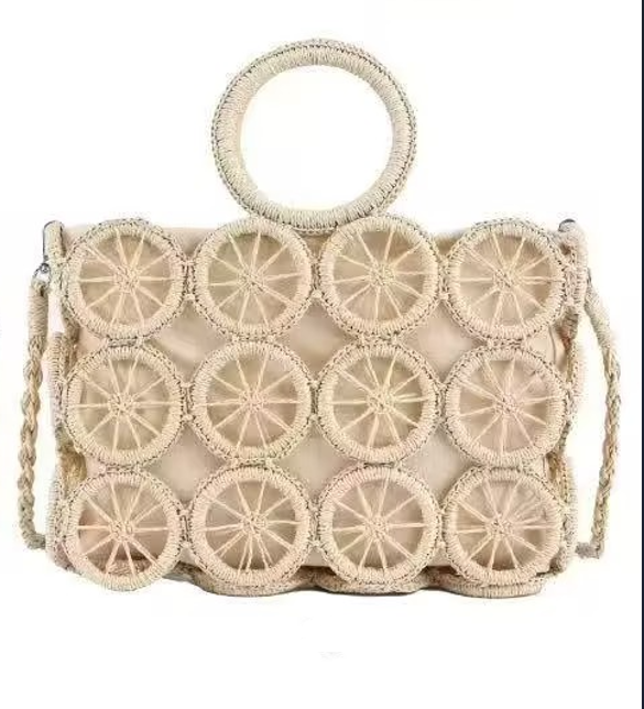 Boho Hollow Straw Woven Clutch Bag for Women, Round Ring Handle Crossbody Handbag Summer Party Purse Beige