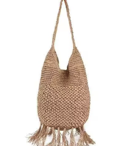 Women Straw Hobo Shoulder Bag with Tassel Fringe, Woven Large Capacity Summer Beach Tote Handbag, Boho Casual Purse  Beige｜ (Brown)