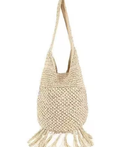 Women Straw Hobo Shoulder Bag with Tassel Fringe, Woven Large Capacity Summer Beach Tote Handbag, Boho Casual Purse  Beige｜