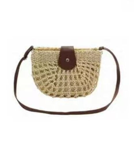 Women Hollow‑Out Straw Crossbody Bag, Semi‑Circle Woven Shoulder Purse with Leather Flap, Boho Summer Beach Handbag