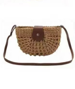 Women Hollow‑Out Straw Crossbody Bag, Semi‑Circle Woven Shoulder Purse with Leather Flap, Boho Summer Beach Handbag (Brown)