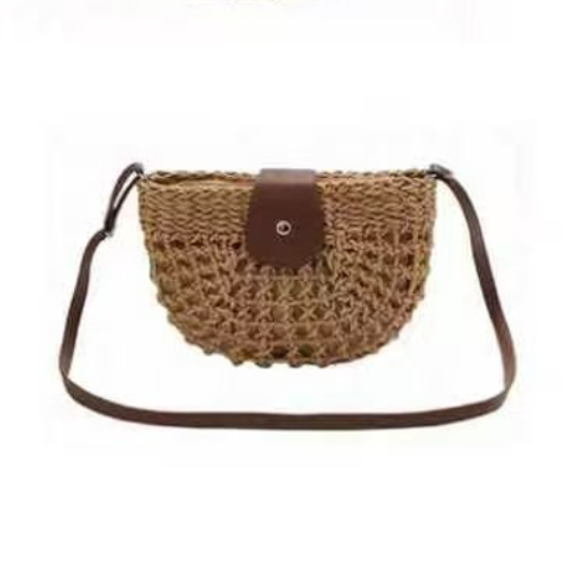 Women Hollow‑Out Straw Crossbody Bag, Semi‑Circle Woven Shoulder Purse with Leather Flap, Boho Summer Beach Handbag (Brown)
