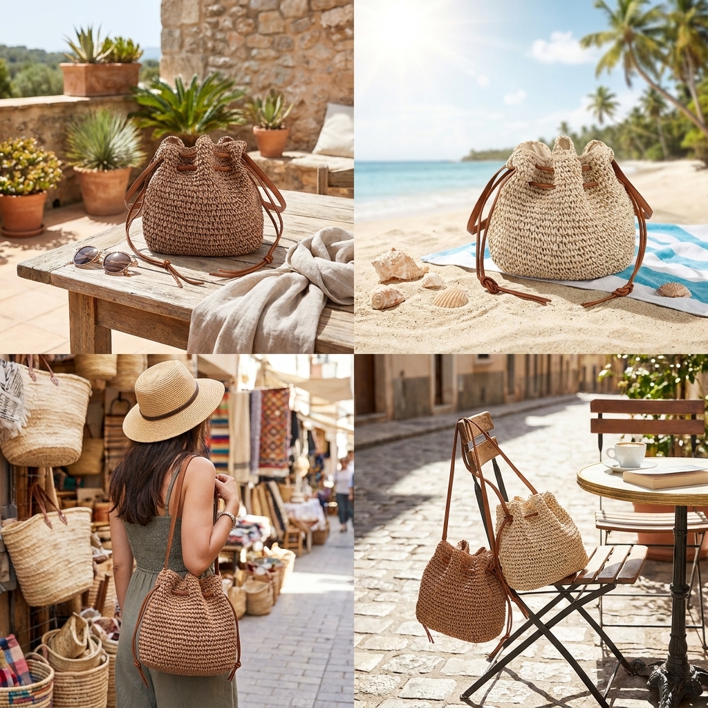 omen Straw Drawstring Bucket Bag, Woven Crossbody Shoulder Bag with Leather Strap, Boho Summer Beach Handbag - 图片 3