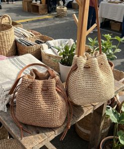 Alternative view of omen Straw Drawstring Bucket Bag, Woven Crossbody Shoulder Bag with Leather Strap, Boho Summer Beach Handbag
