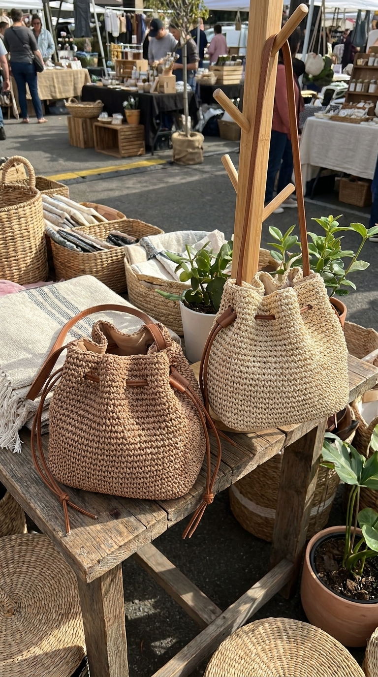 omen Straw Drawstring Bucket Bag, Woven Crossbody Shoulder Bag with Leather Strap, Boho Summer Beach Handbag - 图片 2