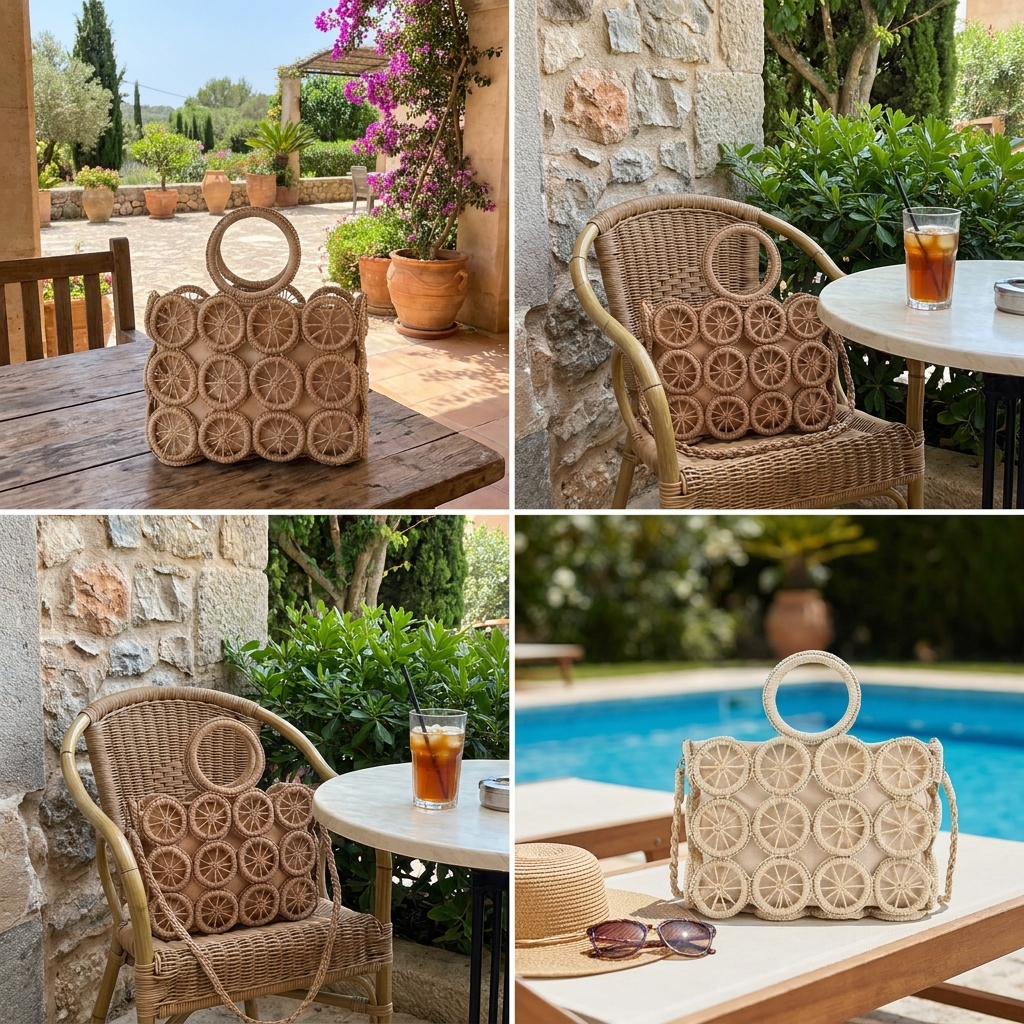 Boho Hollow Straw Woven Clutch Bag for Women, Round Ring Handle Crossbody Handbag Summer Party Purse Beige - 图片 3