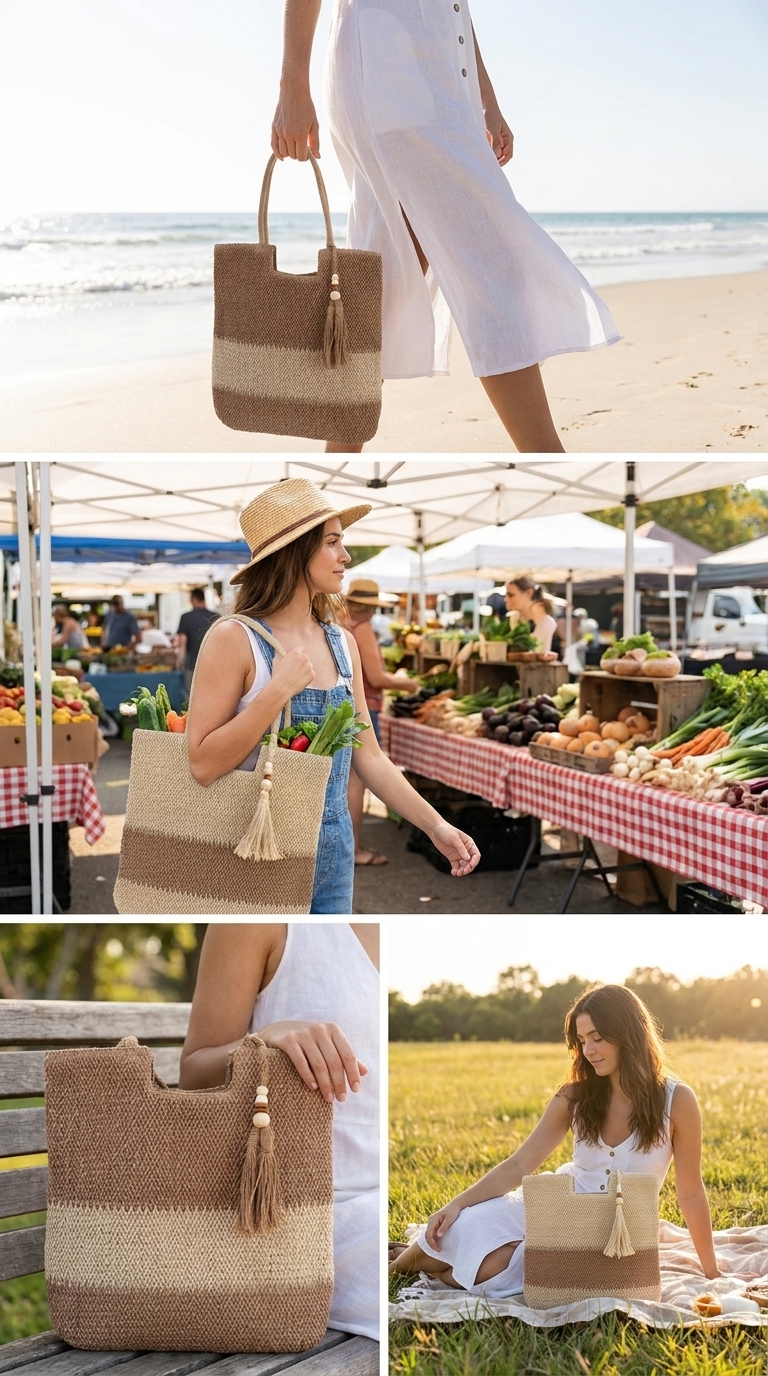 Boho Striped Straw Tote Bag for Women, Large Capacity Woven Beach Shoulder Bag with Tassel Decor, Summer Casual Handbag (zongse) - 图片 4