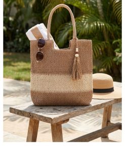 Alternative view of Boho Striped Straw Tote Bag for Women, Large Capacity Woven Beach Shoulder Bag with Tassel Decor, Summer Casual Handbag