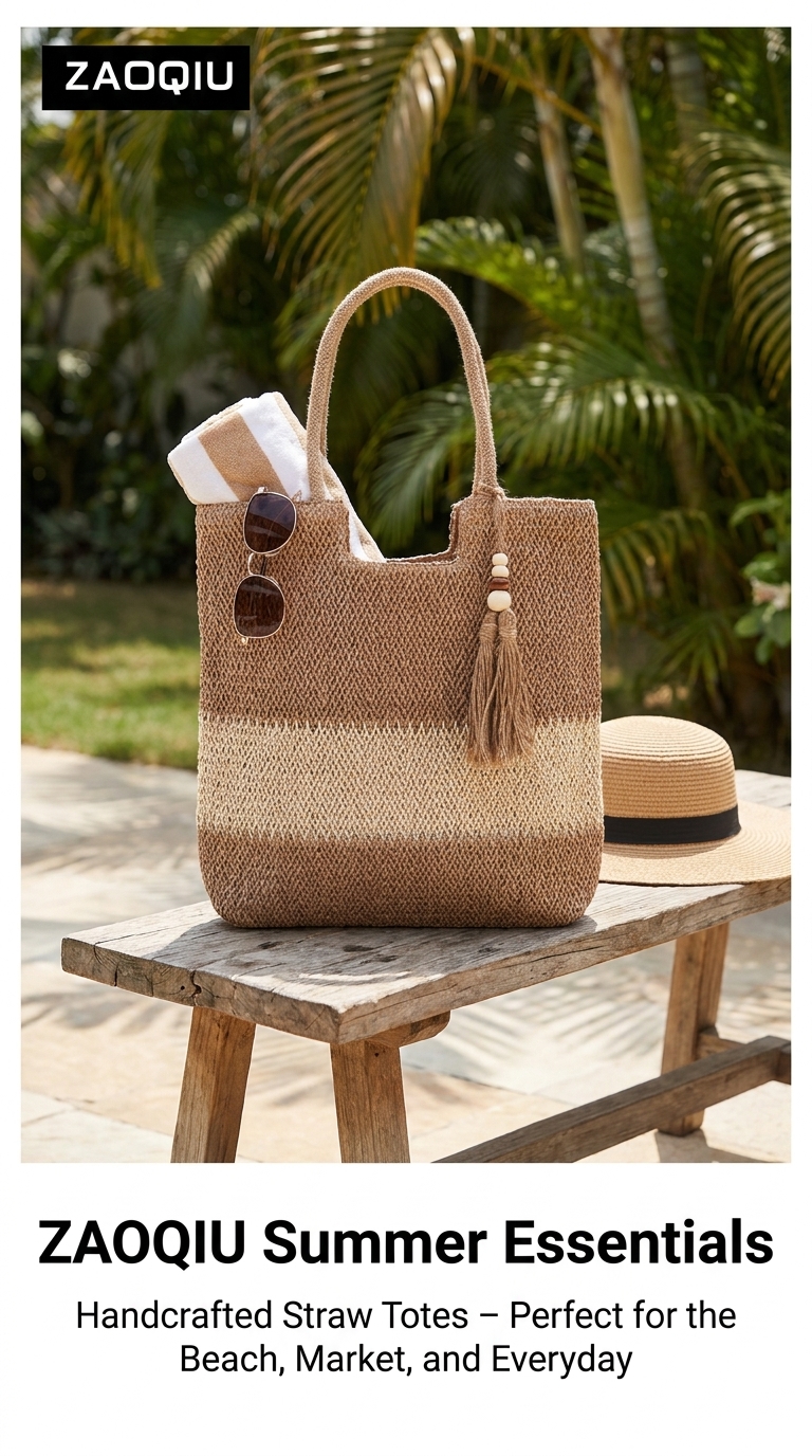 Boho Striped Straw Tote Bag for Women, Large Capacity Woven Beach Shoulder Bag with Tassel Decor, Summer Casual Handbag (zongse) - 图片 2