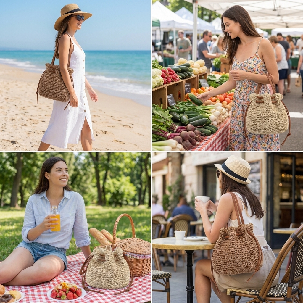 omen Straw Drawstring Bucket Bag, Woven Crossbody Shoulder Bag with Leather Strap, Boho Summer Beach Handbag - 图片 4