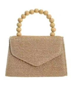 Boho Straw Woven Handbag for Women, Round Wooden Handle Top Handle Bag, Summer Khaki Beige Crossbody Purse