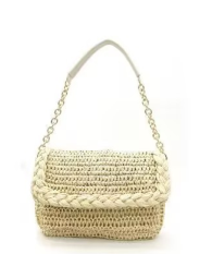Boho Straw Woven Chain Shoulder Bag for Women, Flap Crossbody Summer Handbag, Multi‑Color (Beige)