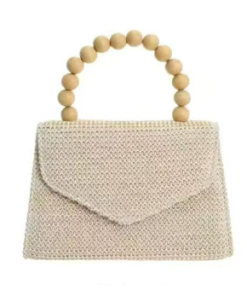 Boho Straw Woven Handbag for Women, Round Wooden Handle Top Handle Bag, Summer Khaki Beige Crossbody Purse Beige