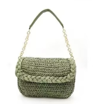 Boho Straw Woven Chain Shoulder Bag for Women, Flap Crossbody Summer Handbag, Multi‑Color (Green)