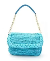 Boho Straw Woven Chain Shoulder Bag for Women, Flap Crossbody Summer Handbag, Multi‑Color (Blue)