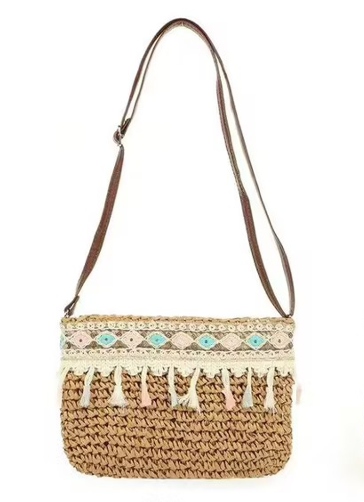 Straw Woven Flap Crossbody Bag for Women, Chain Shoulder Summer Handbag, 3 Colors (dark)