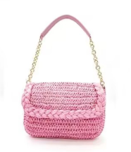 Boho Straw Woven Chain Shoulder Bag for Women, Flap Crossbody Summer Handbag, Multi‑Color (Pink)