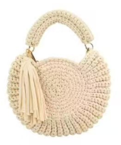 Round Woven Circle Bag for Women, Tassel Decor Crochet Top Handle Crossbody Summer Handbag